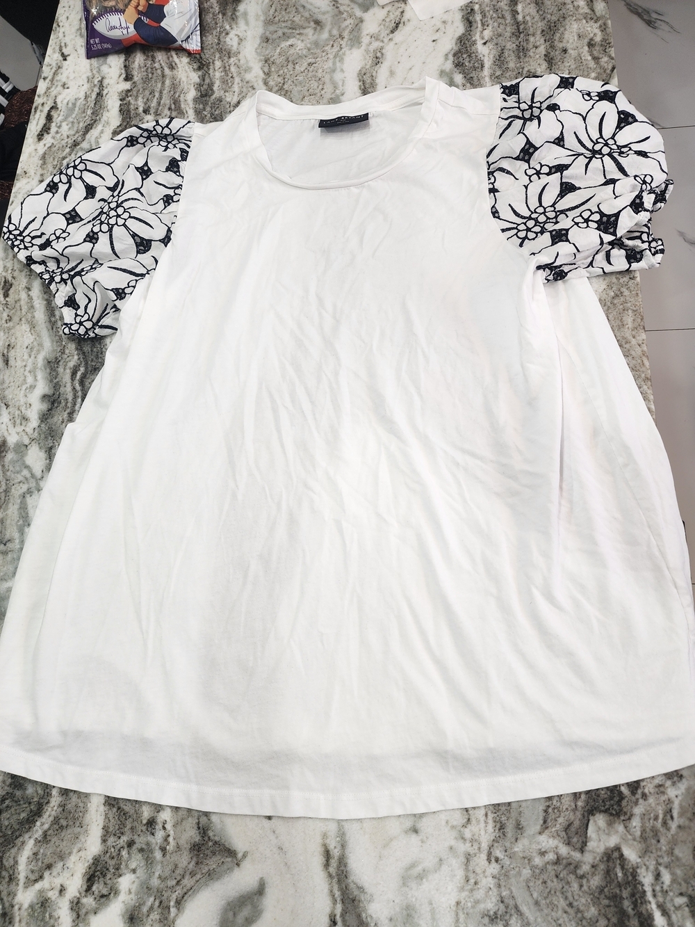 Lane Bryant White Tee with Black Floral Puff Sleeves